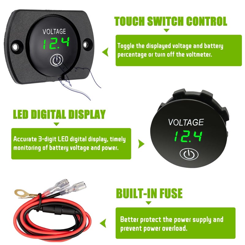 EPLZON 2 Pack DC 12V 24V Volt Meter Battery Voltage Gauge Digital Gauge Waterproof Voltmeter with Touch Switch and Mounting Plate Round for Boat Marine Motorcycle Truck(Green Light) - Image 3